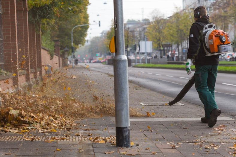 Man with backpack leaf blower