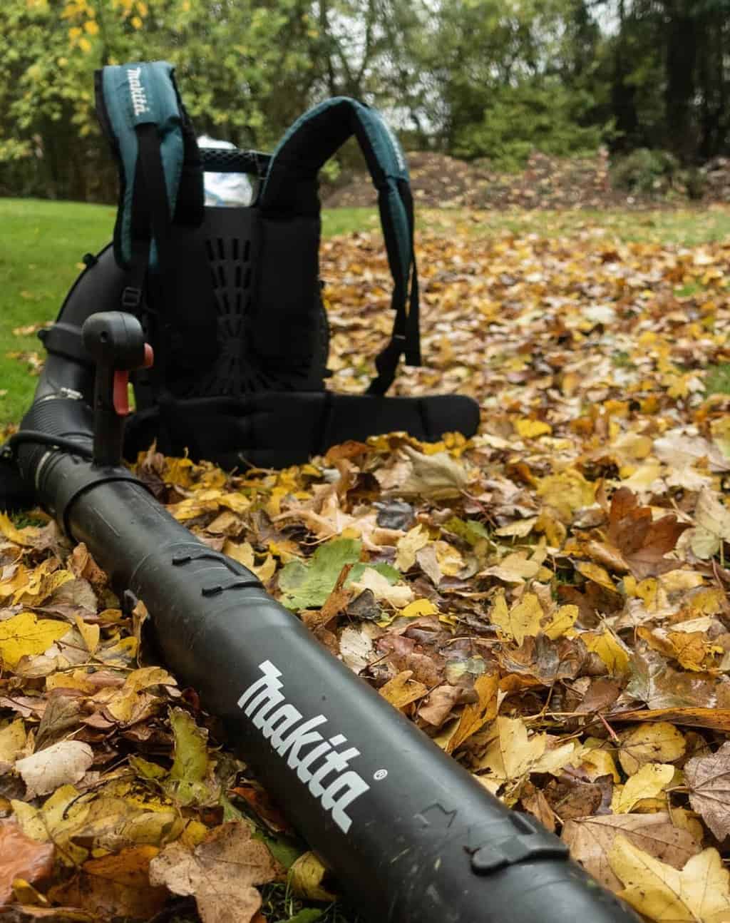 Makita Backpack Leaf Blower lies on leaves