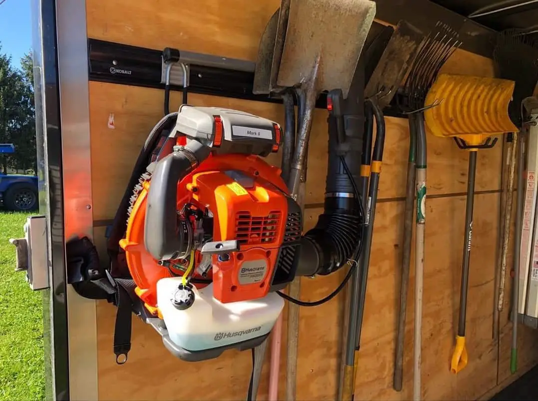 Husqvarna Gas Backpack Blower hanging on the wall