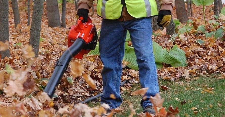 man using a gas leaf blower in the garden